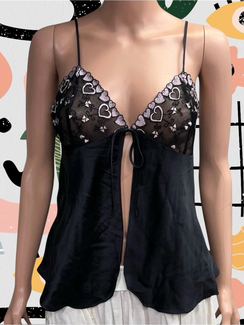 Magic Silk | Y2K 100% Silk Sheer Heart Embroidered Tie Front Lingerie Top